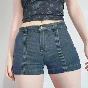Vintage Y2K high-waisted mid-wash mini shorts  with front seams from Sex So